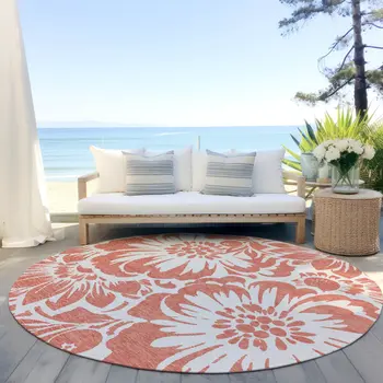 8' X 8' Salmon and Ivory Round Floral Washable Non Skid Indoor Outdoor Area Rug