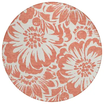 8' X 8' Salmon and Ivory Round Floral Washable Non Skid Indoor Outdoor Area Rug