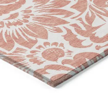 8' X 8' Salmon and Ivory Round Floral Washable Non Skid Indoor Outdoor Area Rug