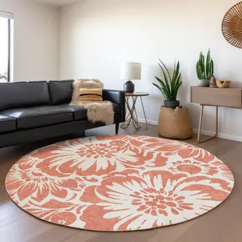 8' X 8' Salmon and Ivory Round Floral Washable Non Skid Indoor Outdoor Area Rug