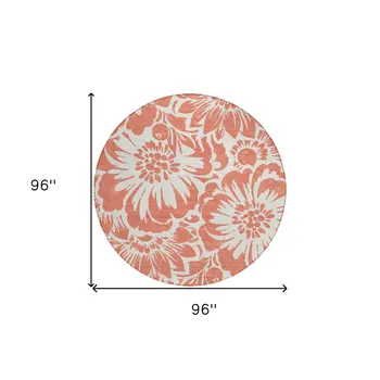 8' X 8' Salmon and Ivory Round Floral Washable Non Skid Indoor Outdoor Area Rug