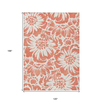 10' X 14' Salmon and Ivory Floral Washable Non Skid Indoor Outdoor Area Rug