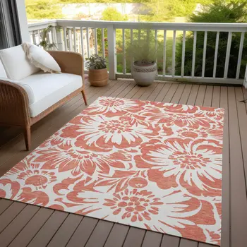 10' X 14' Salmon and Ivory Floral Washable Non Skid Indoor Outdoor Area Rug