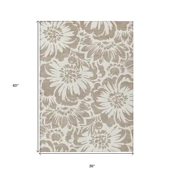 3' X 5' Taupe and Ivory Floral Washable Non Skid Indoor Outdoor Area Rug