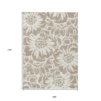 9' X 12' Taupe and Ivory Floral Washable Non Skid Indoor Outdoor Area Rug