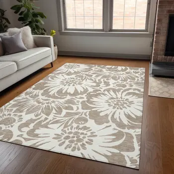 9' X 12' Taupe and Ivory Floral Washable Non Skid Indoor Outdoor Area Rug