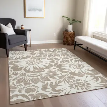 9' X 12' Taupe and Ivory Floral Washable Non Skid Indoor Outdoor Area Rug
