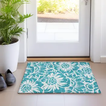 2' X 3' Teal and Ivory Floral Washable Non Skid Indoor Outdoor Area Rug