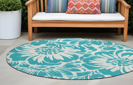 8' X 8' Teal and Ivory Round Floral Washable Non Skid Indoor Outdoor Area Rug