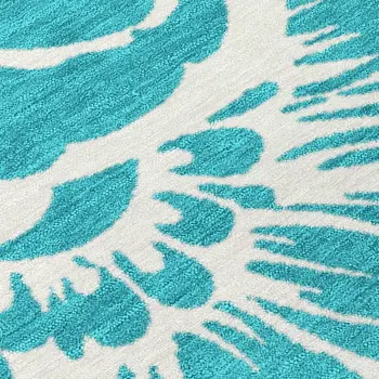 8' X 8' Teal and Ivory Round Floral Washable Non Skid Indoor Outdoor Area Rug