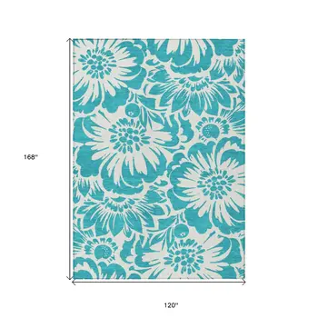 10' X 14' Teal and Ivory Floral Washable Non Skid Indoor Outdoor Area Rug