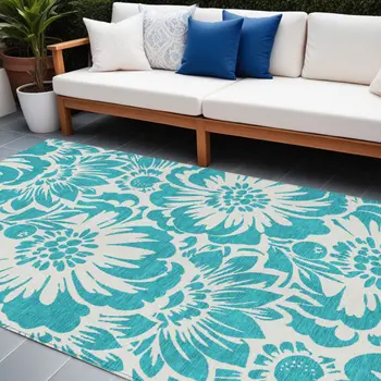 10' X 14' Teal and Ivory Floral Washable Non Skid Indoor Outdoor Area Rug