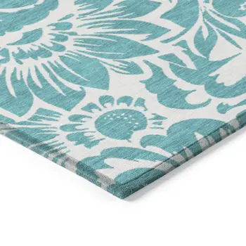 10' X 14' Teal and Ivory Floral Washable Non Skid Indoor Outdoor Area Rug