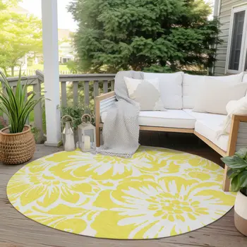 8' X 8' Yellow and Ivory Round Floral Washable Non Skid Indoor Outdoor Area Rug