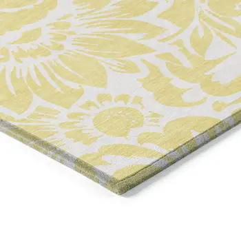 8' X 8' Yellow and Ivory Round Floral Washable Non Skid Indoor Outdoor Area Rug
