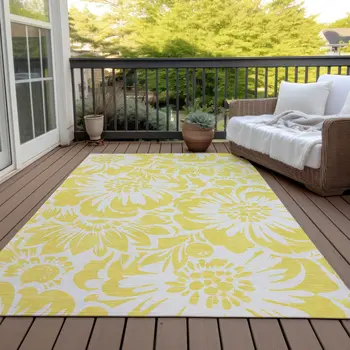 8' X 10' Yellow and Ivory Floral Washable Non Skid Indoor Outdoor Area Rug