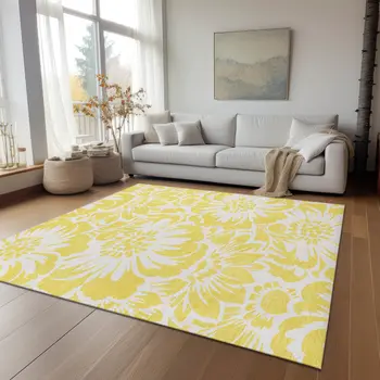 8' X 10' Yellow and Ivory Floral Washable Non Skid Indoor Outdoor Area Rug