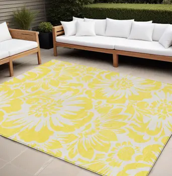 10' X 14' Yellow and Ivory Floral Washable Non Skid Indoor Outdoor Area Rug