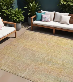 10' X 14' Yellow and Orange Striped Washable Non Skid Indoor Outdoor Area Rug