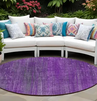 8' Round Purple Round Striped Washable Non Skid Indoor Outdoor Area Rug