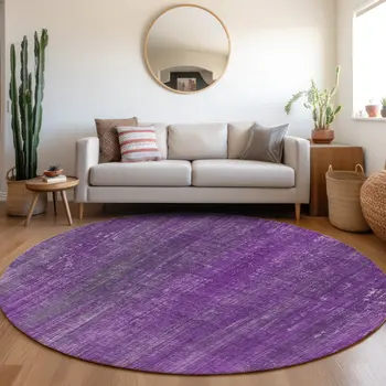 8' Round Purple Round Striped Washable Non Skid Indoor Outdoor Area Rug