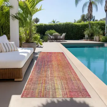8' Runner Red and Orange Striped Washable Non Skid Indoor Outdoor Runner Rug