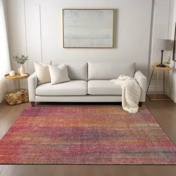 5' X 8' Red and Orange Striped Washable Non Skid Indoor Outdoor Area Rug