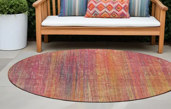 8' Round Red and Orange Round Striped Washable Non Skid Indoor Outdoor Area Rug