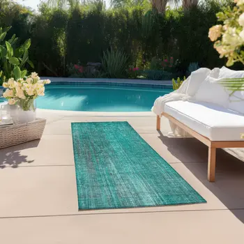8' Runner Teal Striped Washable Non Skid Indoor Outdoor Runner Rug