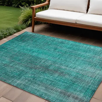 9' X 12' Teal Striped Washable Non Skid Indoor Outdoor Area Rug