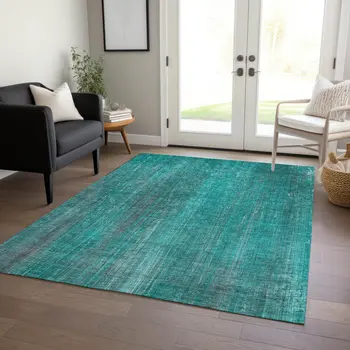 9' X 12' Teal Striped Washable Non Skid Indoor Outdoor Area Rug