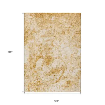 10' X 14' Cream and Gold Abstract Washable Non Skid Indoor Outdoor Area Rug