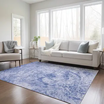 3' X 5' Blue Abstract Washable Non Skid Indoor Outdoor Area Rug