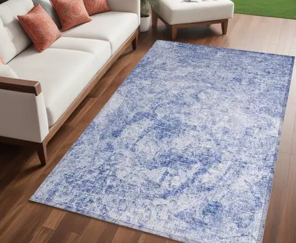 5' X 8' Blue Abstract Washable Non Skid Indoor Outdoor Area Rug