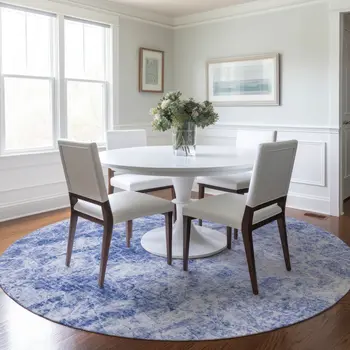 8' Round Blue Round Abstract Washable Non Skid Indoor Outdoor Area Rug
