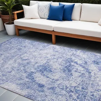 10' X 14' Blue Abstract Washable Non Skid Indoor Outdoor Area Rug
