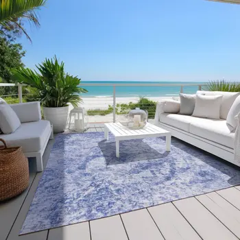 10' X 14' Blue Abstract Washable Non Skid Indoor Outdoor Area Rug