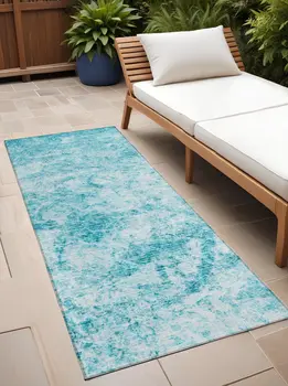 8' Runner Teal Abstract Washable Non Skid Indoor Outdoor Runner Rug