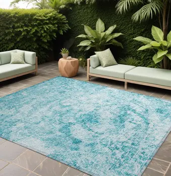 9' X 12' Teal Abstract Washable Non Skid Indoor Outdoor Area Rug
