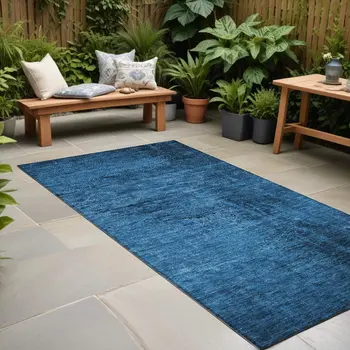 8' Runner Navy Blue Abstract Washable Non Skid Indoor Outdoor Runner Rug