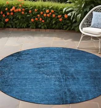 8' Round Navy Blue Round Abstract Washable Non Skid Indoor Outdoor Area Rug