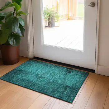 2' X 3' Teal Abstract Washable Non Skid Indoor Outdoor Area Rug