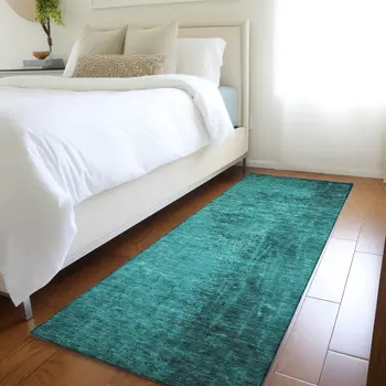 8' Runner Teal Abstract Washable Non Skid Indoor Outdoor Runner Rug