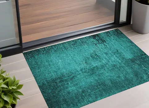 3' X 5' Teal Abstract Washable Non Skid Indoor Outdoor Area Rug