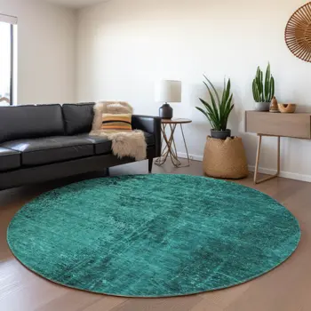 8' Round Teal Round Abstract Washable Non Skid Indoor Outdoor Area Rug