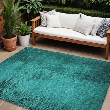 10' X 14' Teal Abstract Washable Non Skid Indoor Outdoor Area Rug