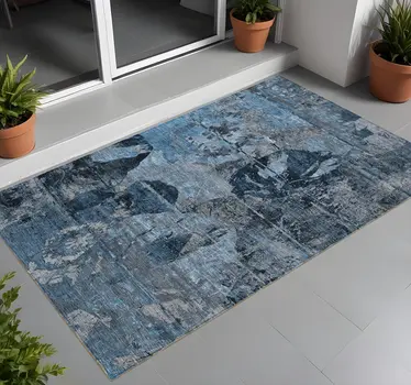 2' X 3' Blue and Dark Blue Abstract Washable Indoor Outdoor Area Rug