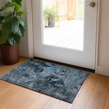 2' X 3' Blue and Dark Blue Abstract Washable Indoor Outdoor Area Rug