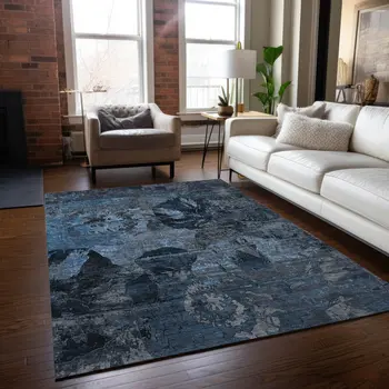 8' X 10' Blue and Dark Blue Floral Washable Non Skid Indoor Outdoor Area Rug