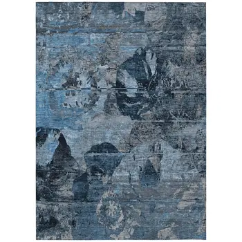 10' X 14' Blue and Dark Blue Floral Washable Non Skid Indoor Outdoor Area Rug